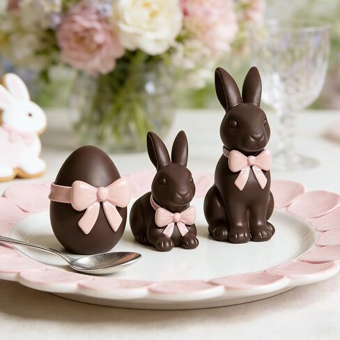 DN DECONATION Easter Decorations Bunny Figurines Set with Pink Bow, Chocolate Easter Bunny Decor for Brown Rabbit Statues Farmhouse Home Decor, Resin Tabletop Sculptures for Coffee Table Indoor in Saudi Arabia