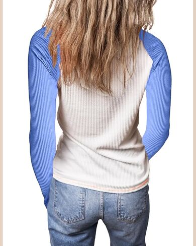 KINLONSAIR Women Raglan Long Sleeve Crew Neck Tunic Shirts Regular Fit T-shirts Color Block Fall Knit Tops Button Down Henley Shirts Trendy Outfits 2025 Blue in Kuwait