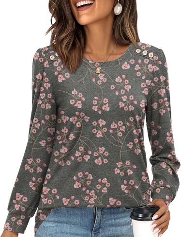 CATHY Womens Tops Puff Long Sleeve Shirts Fall Fashion Crewneck Buttons Tunic Blouses Business Casual Outfits in Kuwait