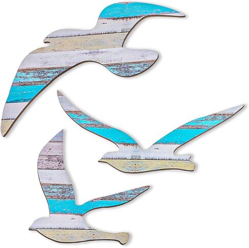 sorcristy 3pcs الخشب النورس ديكور جدار الشاطئ، جدار الفن ديكورات الشاطئ، بحري ذاتية اللصق زخارف النورس، الديكورات الساحلية تحت عنوان، الحلي خمر للمنزل الحمام غرفة المعيشة in Kuwait