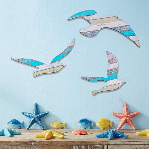 sorcristy 3pcs الخشب النورس ديكور جدار الشاطئ، جدار الفن ديكورات الشاطئ، بحري ذاتية اللصق زخارف النورس، الديكورات الساحلية تحت عنوان، الحلي خمر للمنزل الحمام غرفة المعيشة in Kuwait