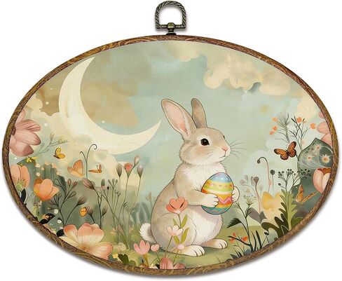 kdqua Vintage Floral Moon Easter Bunny Oval Wall Art Decor, Rustic Farmhouse Bunny Egg Canvas Artwork Framed, Cottagecore Rabbit Wall Hanging Decorations for Home Bedroom Living Room, 11.4x8.6 Inch in Saudi Arabia