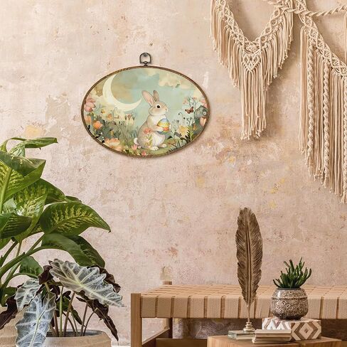 kdqua Vintage Floral Moon Easter Bunny Oval Wall Art Decor, Rustic Farmhouse Bunny Egg Canvas Artwork Framed, Cottagecore Rabbit Wall Hanging Decorations for Home Bedroom Living Room, 11.4x8.6 Inch in Saudi Arabia
