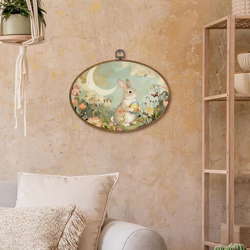 kdqua Vintage Floral Moon Easter Bunny Oval Wall Art Decor, Rustic Farmhouse Bunny Egg Canvas Artwork Framed, Cottagecore Rabbit Wall Hanging Decorations for Home Bedroom Living Room, 11.4x8.6 Inch in Saudi Arabia