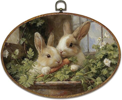 kdqua Vintage Floral Moon Easter Bunny Oval Wall Art Decor, Rustic Farmhouse Bunny Egg Canvas Artwork Framed, Cottagecore Rabbit Wall Hanging Decorations for Home Bedroom Living Room, 11.4x8.6 Inch in Saudi Arabia
