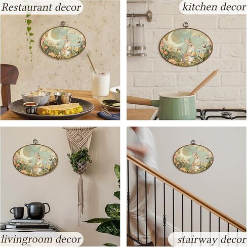 kdqua Vintage Floral Moon Easter Bunny Oval Wall Art Decor, Rustic Farmhouse Bunny Egg Canvas Artwork Framed, Cottagecore Rabbit Wall Hanging Decorations for Home Bedroom Living Room, 11.4x8.6 Inch in Saudi Arabia