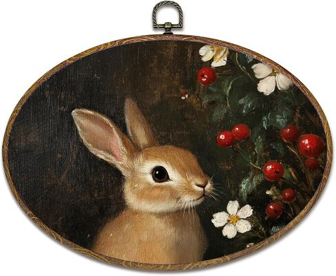 kdqua Vintage Floral Moon Easter Bunny Oval Wall Art Decor, Rustic Farmhouse Bunny Egg Canvas Artwork Framed, Cottagecore Rabbit Wall Hanging Decorations for Home Bedroom Living Room, 11.4x8.6 Inch in Saudi Arabia
