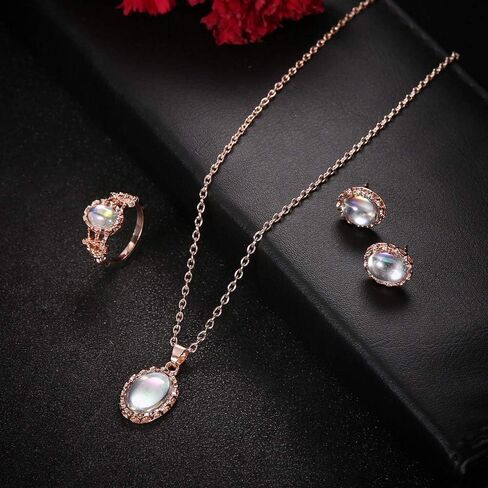 3 PCS Set Rose Gold Plated Women's Wedding Bridal Colored Crystal Ring Necklace Earrings Bohemian Rose Gold Jewelry in Saudi Arabia