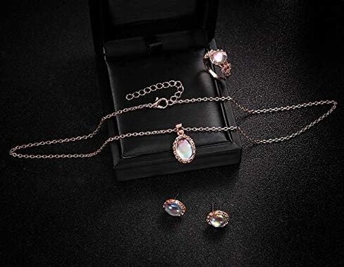 3 PCS Set Rose Gold Plated Women's Wedding Bridal Colored Crystal Ring Necklace Earrings Bohemian Rose Gold Jewelry in Saudi Arabia