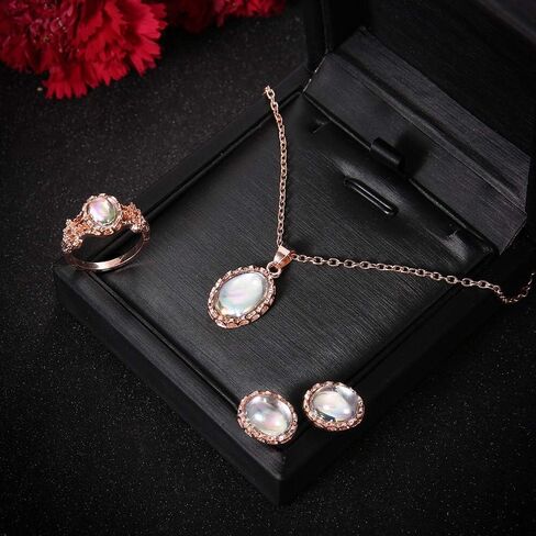 3 PCS Set Rose Gold Plated Women's Wedding Bridal Colored Crystal Ring Necklace Earrings Bohemian Rose Gold Jewelry in Saudi Arabia
