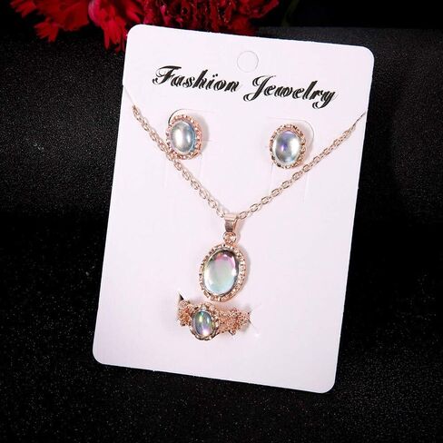 3 PCS Set Rose Gold Plated Women's Wedding Bridal Colored Crystal Ring Necklace Earrings Bohemian Rose Gold Jewelry in Saudi Arabia