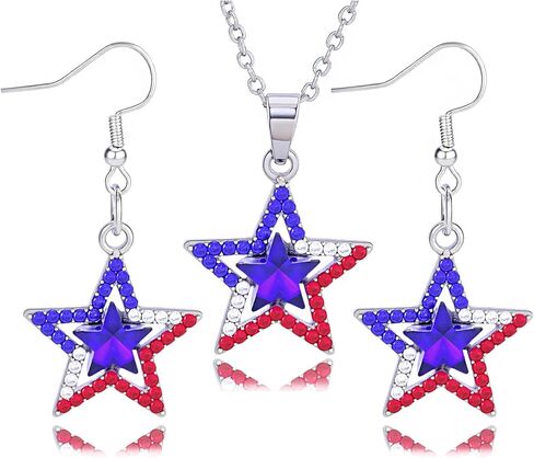 4th of July Earring Necklace for Women Independence Day Jewelry Set Dainty Rhinestone Sparking Star Heart Necklace Red White and Blue Memorial Day Patriotic American Flag Earrings Accessorie Outfits in Kuwait