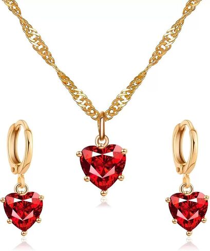 14k Gold Plated Simulated Ruby Crystal Heart Necklace and Hoop Earrings Set, Cubic Zirconia Bridal Jewelry, 2 Piece Set in Saudi Arabia