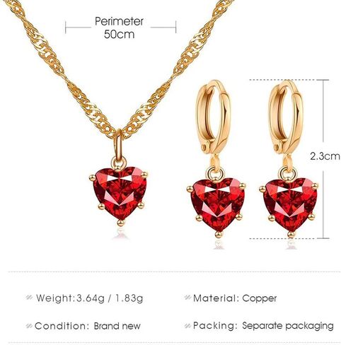 14k Gold Plated Simulated Ruby Crystal Heart Necklace and Hoop Earrings Set, Cubic Zirconia Bridal Jewelry, 2 Piece Set in Saudi Arabia