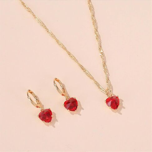 14k Gold Plated Simulated Ruby Crystal Heart Necklace and Hoop Earrings Set, Cubic Zirconia Bridal Jewelry, 2 Piece Set in Saudi Arabia