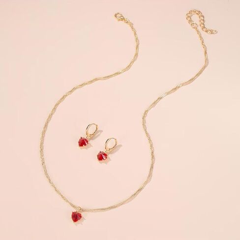 14k Gold Plated Simulated Ruby Crystal Heart Necklace and Hoop Earrings Set, Cubic Zirconia Bridal Jewelry, 2 Piece Set in Saudi Arabia