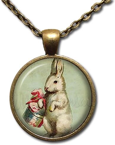 Vintage Adorable Rabbit with Easter Basket Handmade ROUND Glass Pendant Necklace Jewelry (18, Antique Bronze) in Saudi Arabia