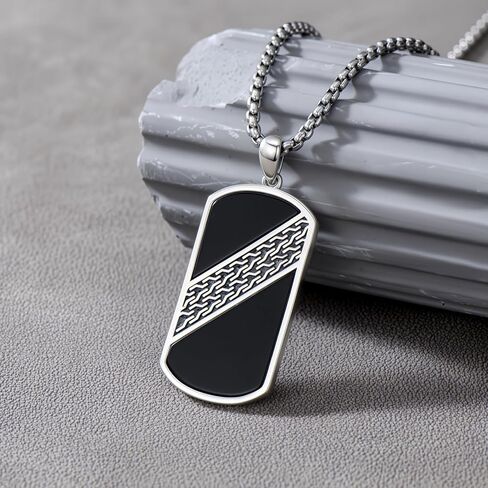 قلادة سبج سوداء للرجال من الفضة الإسترلينية عيار 925 من حجر السج الرائع Dogtag Pendnat قلائد علامة الكلب العسكرية للجيش، مع سلسلة من الفولاذ المقاوم للصدأ 22 بوصة + 2 بوصة in Saudi Arabia
