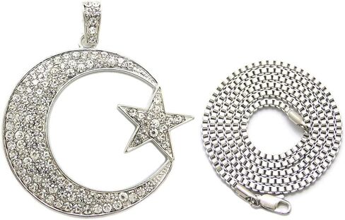 Fashion 21 Unisex Iced Out Crescent Moon & Star Pendant 24" Various Chain Necklace in Gold, Silver Tone in Kuwait