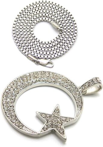 Fashion 21 Unisex Iced Out Crescent Moon & Star Pendant 24" Various Chain Necklace in Gold, Silver Tone in Kuwait