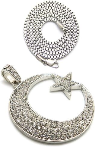 Fashion 21 Unisex Iced Out Crescent Moon & Star Pendant 24" Various Chain Necklace in Gold, Silver Tone in Kuwait