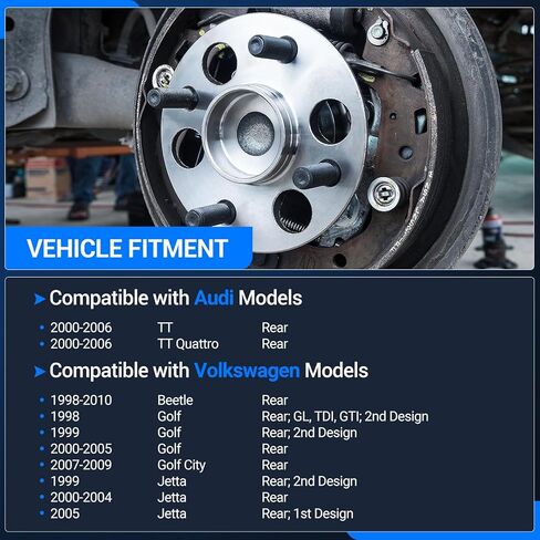 Autoround 512012 Rear Wheel Bearing and Hub Assembly Compatible with Audi TT 2000-2006, Volkswagen Jetta 1999-2005, Beetle 1998-2010, Golf 1998-2005, Golf City 2007-2009, 5 Lug w/ABS, Set of 2 in Saudi Arabia