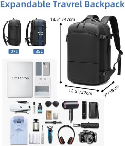 حقيبة ظهر للسفر بختم فراغ، 35 لتر قابلة للتوسيع، ضغط الهواء، مقاومة للماء، قابلة للحمل، حقيبة ظهر للكمبيوتر المحمول للأعمال مقاس 17 بوصة للنساء والرجال، أسود in Kuwait