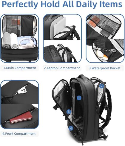 حقيبة ظهر للسفر بختم فراغ، 35 لتر قابلة للتوسيع، ضغط الهواء، مقاومة للماء، قابلة للحمل، حقيبة ظهر للكمبيوتر المحمول للأعمال مقاس 17 بوصة للنساء والرجال، أسود in Kuwait