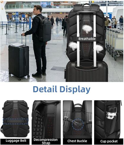 حقيبة ظهر للسفر بختم فراغ، 35 لتر قابلة للتوسيع، ضغط الهواء، مقاومة للماء، قابلة للحمل، حقيبة ظهر للكمبيوتر المحمول للأعمال مقاس 17 بوصة للنساء والرجال، أسود in Kuwait