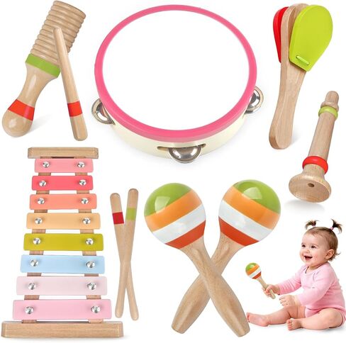 Baby Musical Instruments-Montessori Wooden Toys for Toddlers 1-3,Neutral Colors Percussion Instruments Set with Modern Boho Xylophone for Kids Preschool Educational 3+ in Saudi Arabia