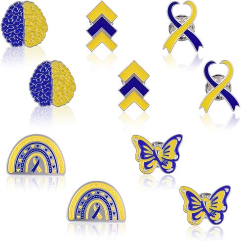 WANDIC 10Pcs Blue&Yellow Ribbon Brooches, 5 Styles Alloy Down's Syndrome Pins Hope Badges for Men Women Clothing Decoration in Saudi Arabia