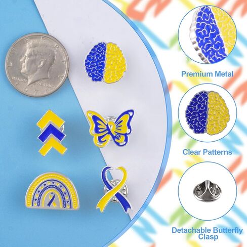 WANDIC 10Pcs Blue&Yellow Ribbon Brooches, 5 Styles Alloy Down's Syndrome Pins Hope Badges for Men Women Clothing Decoration in Saudi Arabia