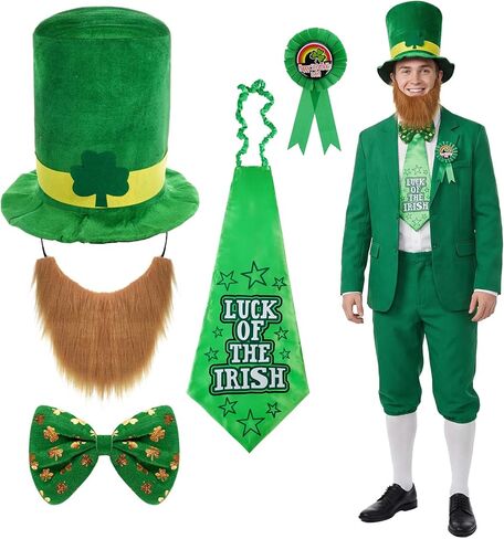 St. Patricks Day Hat Beard Tie Set 5Pcs Irish costume accessories Hat Tie Award Ribbon Pin Bow Tie Beard in Kuwait