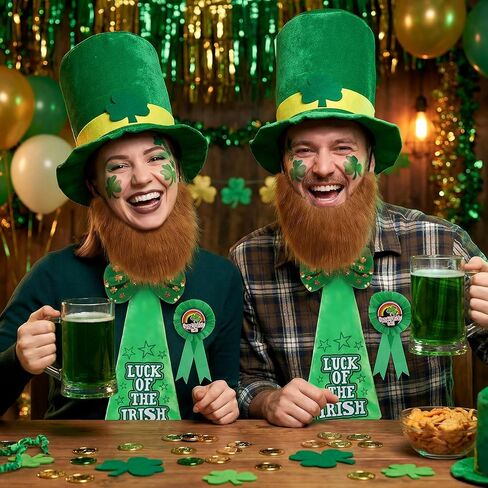 St. Patricks Day Hat Beard Tie Set 5Pcs Irish costume accessories Hat Tie Award Ribbon Pin Bow Tie Beard in Kuwait
