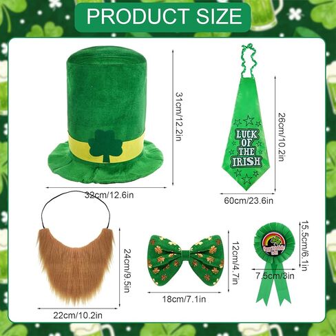 St. Patricks Day Hat Beard Tie Set 5Pcs Irish costume accessories Hat Tie Award Ribbon Pin Bow Tie Beard in Kuwait