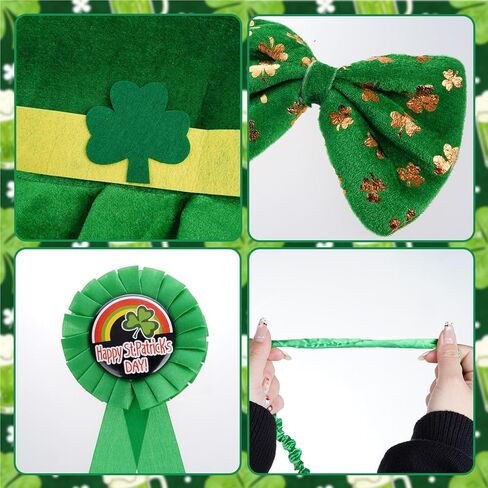 St. Patricks Day Hat Beard Tie Set 5Pcs Irish costume accessories Hat Tie Award Ribbon Pin Bow Tie Beard in Kuwait