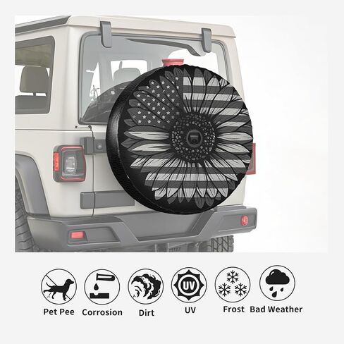 18 Inch Black and White American Flag Sunflower Leather Spare Tire Cover with Backup Camera Hole Universal Wheel Protector for Wrangler Jl SUV Rv Trailer Camper Truck in Saudi Arabia
