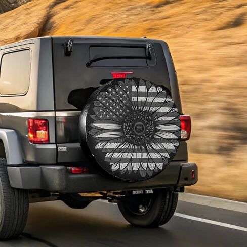 18 Inch Black and White American Flag Sunflower Leather Spare Tire Cover with Backup Camera Hole Universal Wheel Protector for Wrangler Jl SUV Rv Trailer Camper Truck in Saudi Arabia