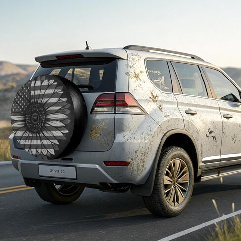 18 Inch Black and White American Flag Sunflower Leather Spare Tire Cover with Backup Camera Hole Universal Wheel Protector for Wrangler Jl SUV Rv Trailer Camper Truck in Saudi Arabia