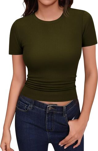 Missufe Women's Crew Neck Short Sleeve Ribbed Knit Slim Fit Summer Casual Basic T Shirt Crop Top 2025 Trendy Y2k Outfits in Saudi Arabia