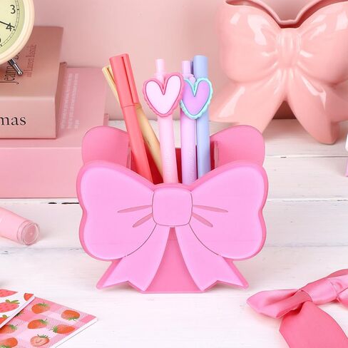 2 Pcs Pink Bows Pen Holder Cute Bow Pencil Holder for Desk Pink Coquette Bow Acrylic Pen Holders Pi-nk Desk Pencil Holders Makeup Brush Hold-ers for Room Bedroom Dorm Office Tabletop Decor in Kuwait