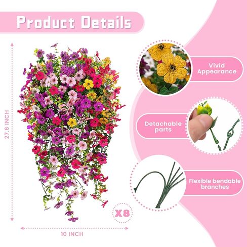 8PCS Artificial Hanging Fake Flowers for Outdoor Decoration Faux Silk Flowers Plants for Outdoor Outside Planter UV Resistant Daisy with Eucalyptus Leaves, Porch Front Door Patio Balcony Yard Décor in Saudi Arabia
