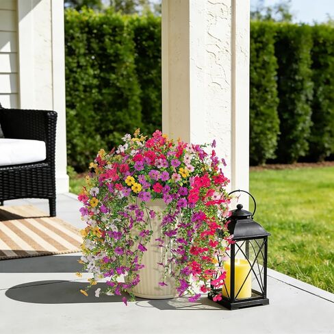 8PCS Artificial Hanging Fake Flowers for Outdoor Decoration Faux Silk Flowers Plants for Outdoor Outside Planter UV Resistant Daisy with Eucalyptus Leaves, Porch Front Door Patio Balcony Yard Décor in Saudi Arabia