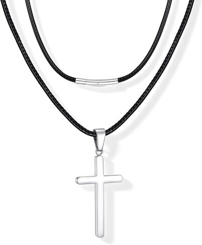 MEALGUET Minimal Cross Necklace for Men Women : Men's Stainless Steel Plain Silver Cross Pendant Necklaces with Leather Wax Rope Cord Chain Jewelry Gifts for Him Son, Waterproof & Non Tarnish in Saudi Arabia