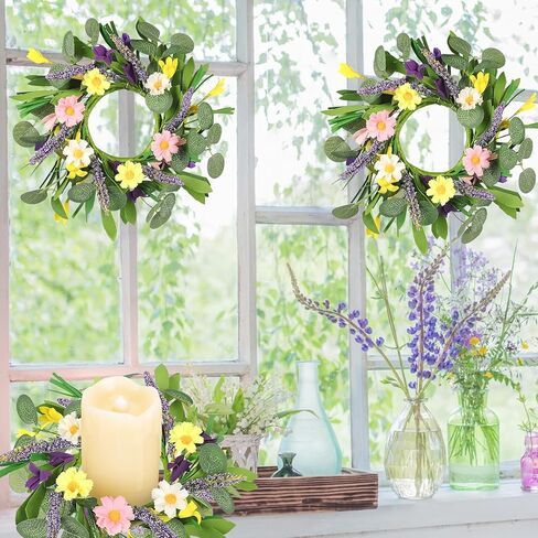 8 قطع من أكاليل شموع الربيع، إكليل زهور الأقحوان الاصطناعي الصغير مقاس 3.6 بوصة للشموع الدعامة، تزيين خزانة المطبخ في الربيع والصيف، ديكور الطاولة، حامل شمعدان لحفلات الزفاف in Kuwait