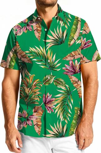 قمصان KYKU Hawaiian للرجال - قميص رجالي بأكمام قصيرة لعطلات الشاطئ الاستوائية وأزرار سفلية in Saudi Arabia