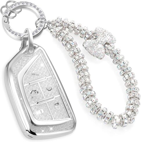 for Cadillac Key Fob Cover with Fashionable Zirconia Wristlet KeyChain, Enchanting Diamond Patterns Soft Case for Escalade ATS XT4/5/6 XTS CT5/6 ESV (White, B2) in Saudi Arabia