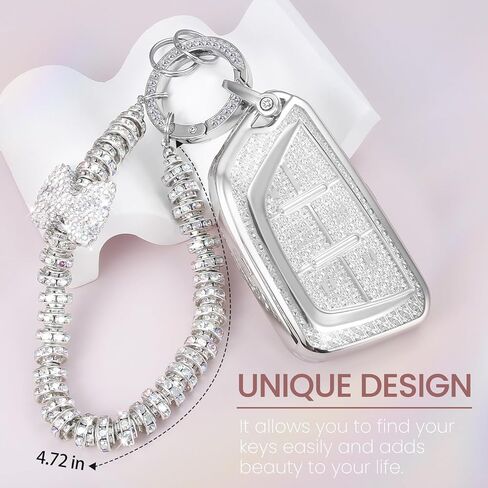 for Cadillac Key Fob Cover with Fashionable Zirconia Wristlet KeyChain, Enchanting Diamond Patterns Soft Case for Escalade ATS XT4/5/6 XTS CT5/6 ESV (White, B2) in Saudi Arabia