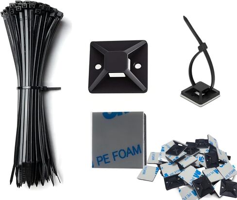 120 Set Cable Zip Tie Self Adhesive Mounts Kit with 8" Zip Ties, 3/4" Wire Holders Squares, Screws - Sticky Wire Fasteners Cable Clips Management Anchors Organizer (120 Set, Black) in Kuwait