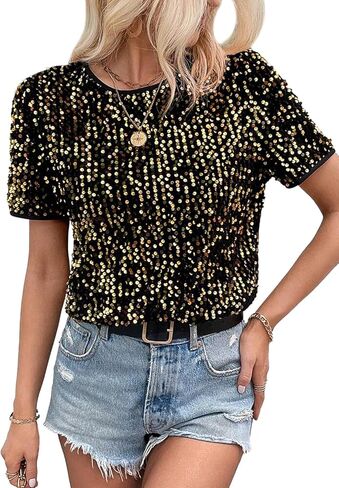 Women's Sparkle Sequins T Shirts Casual Short Sleeve Top Shimmer Going Out Rave Top Tee in Saudi Arabia